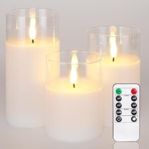 Homemory White Glass Flameless Candles Flickering, Battery Operated LED Pillar Candles with Remote Control and Timer (Set of 3) 2 ert