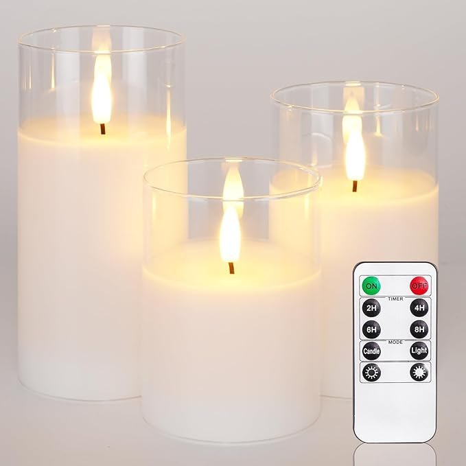 Homemory White Glass Flameless Candles Flickering, Battery Operated LED Pillar Candles with Remote Control and Timer (Set of 3) 12 ert