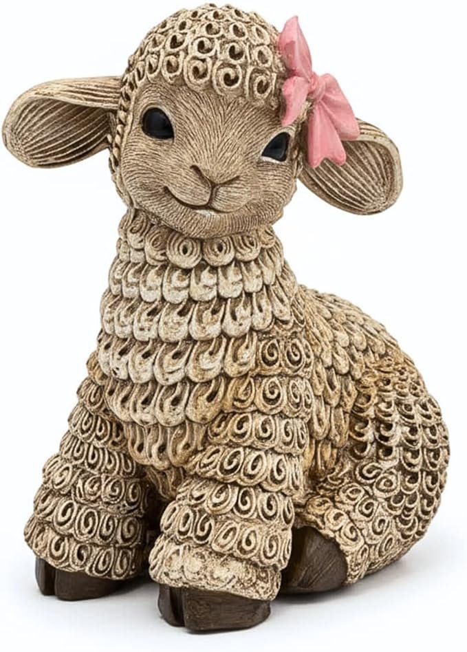 Handcrafted Belle the Lamb Ornament – Rustic Resin Farmhouse Figurine with Pink Bow 8 gfh